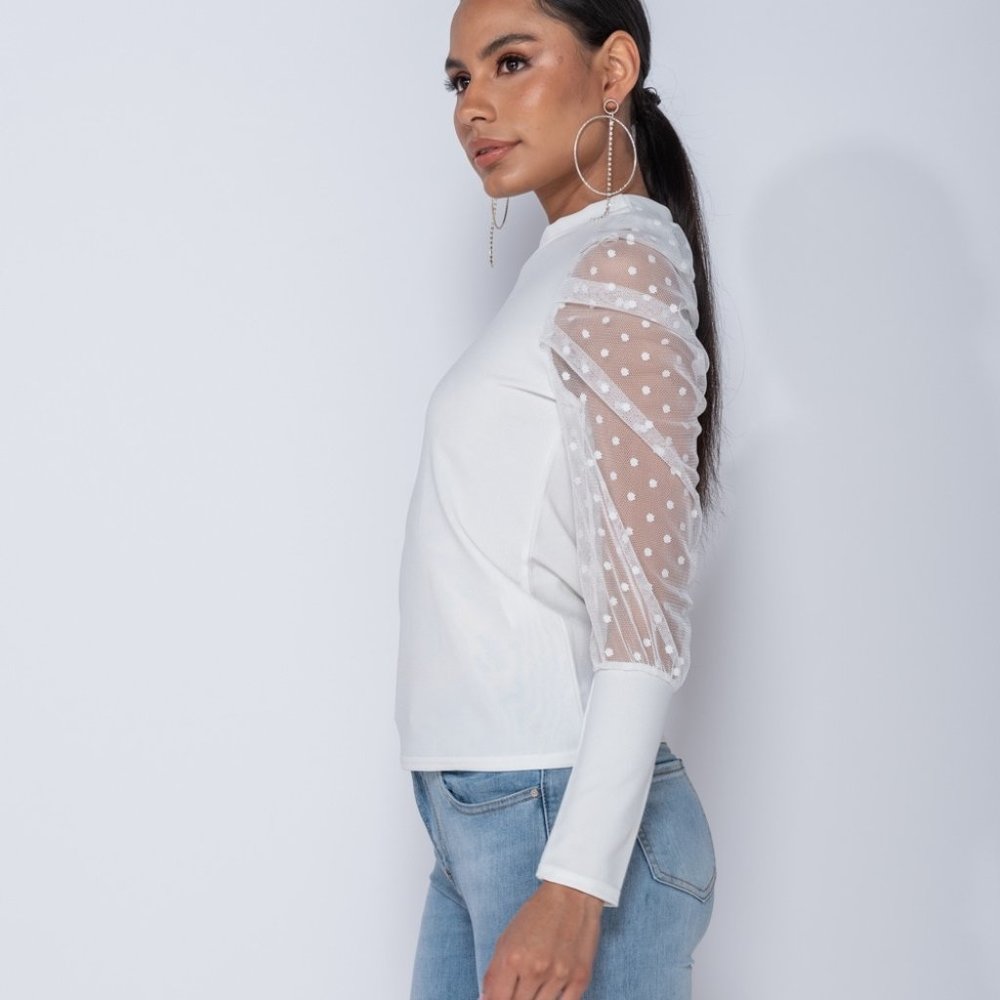 Cassie Blush Pink Polka Dot Mesh Sleeve Blouse Top - Picture 10 of 11